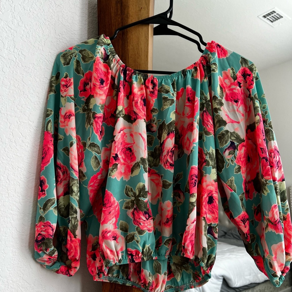 Off the Shoulder Floral Women's Top - Pink and Blue